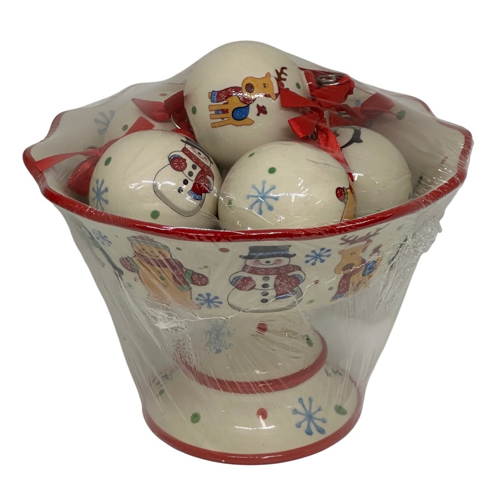 Temp-tations Christmas Pedestal Bowl Set Cream Snowman Gingerbread Holiday Decor